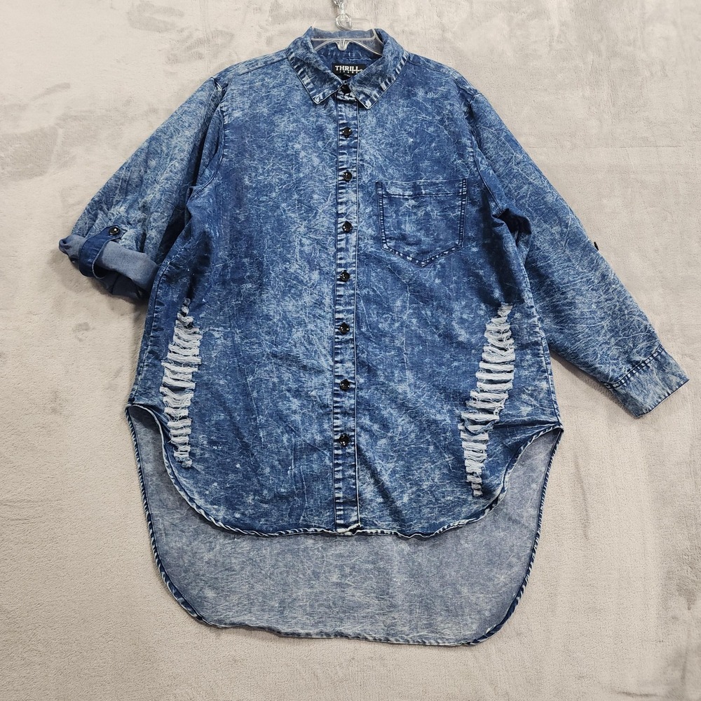 Thrill Jeans Shirt Womens 2X Blue Distressed Denim Button Front High Low Tunic